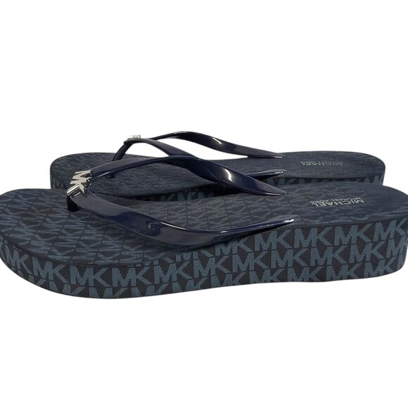 MICHAEL KORS MK Signature Bedford Blue Wedges Thongs Flip-Flops Sandals Size 11 - Picture 4 of 12